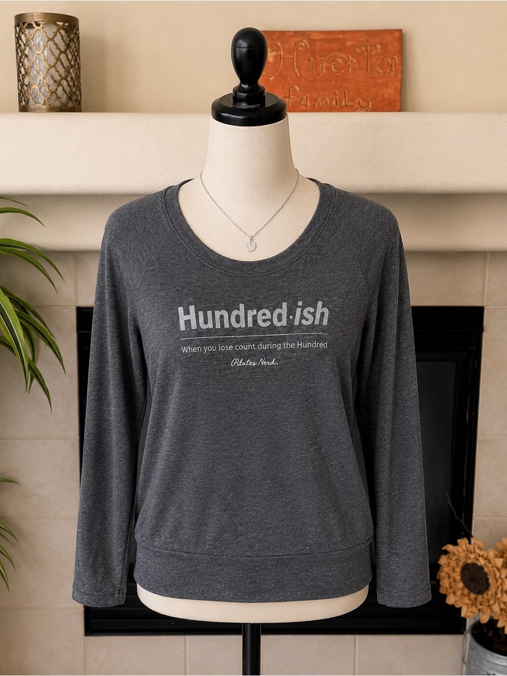 Pilates Nerd Hundred-ish Long Sleeve Graphic Top Size Medium Gray Workout Shirt
